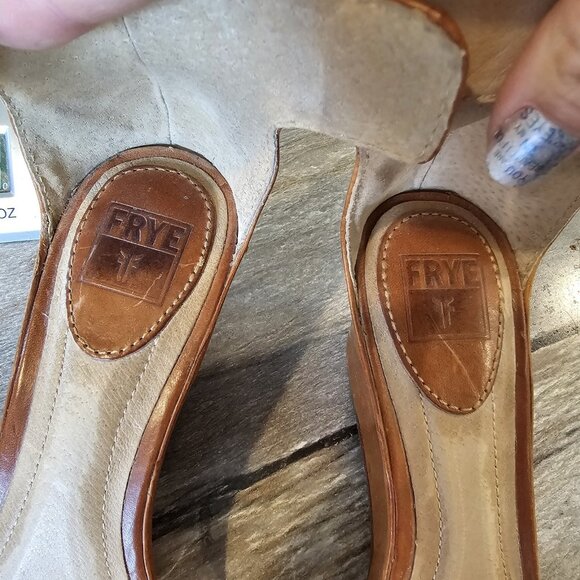 Frye Carol Seam Bronze Leather Open Toe Wedge Sandals Cognac Tan Size 7 - Picture 11 of 12